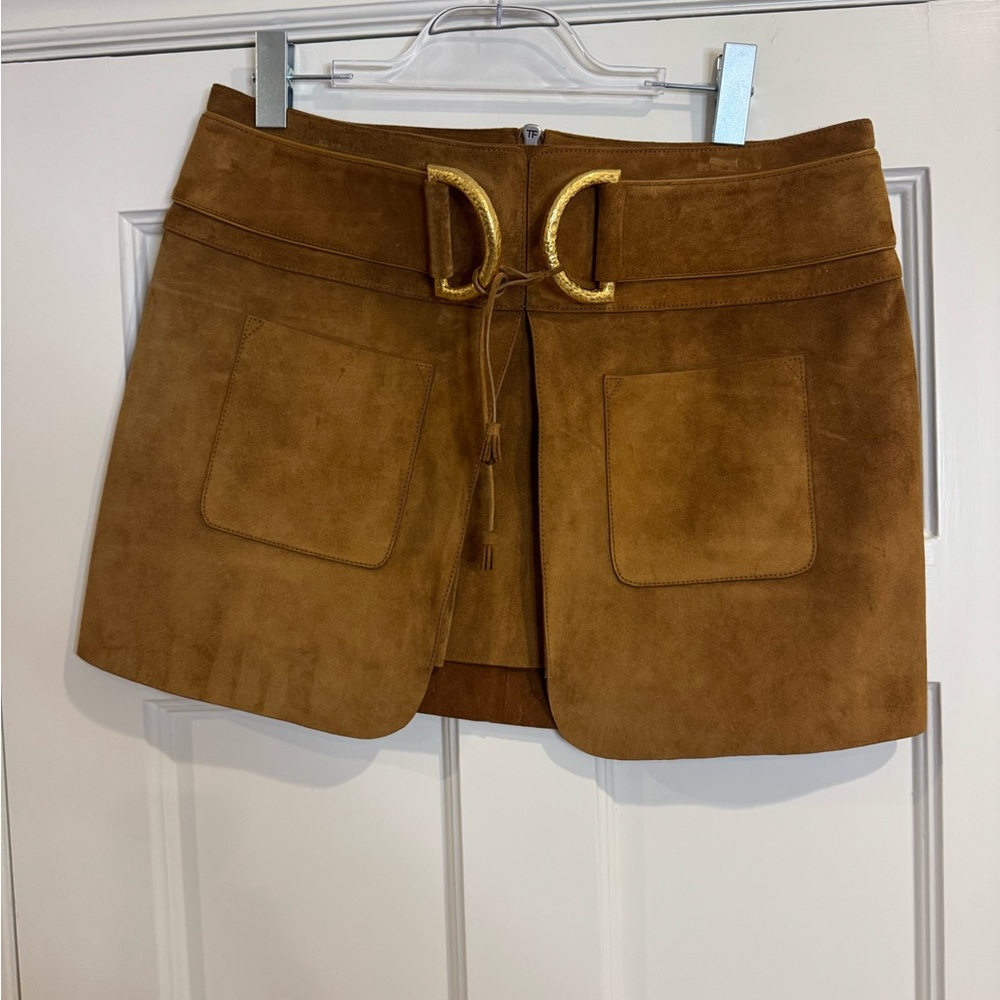Tom Ford Camel Suede Mini Skort with Gold Double Buckle
